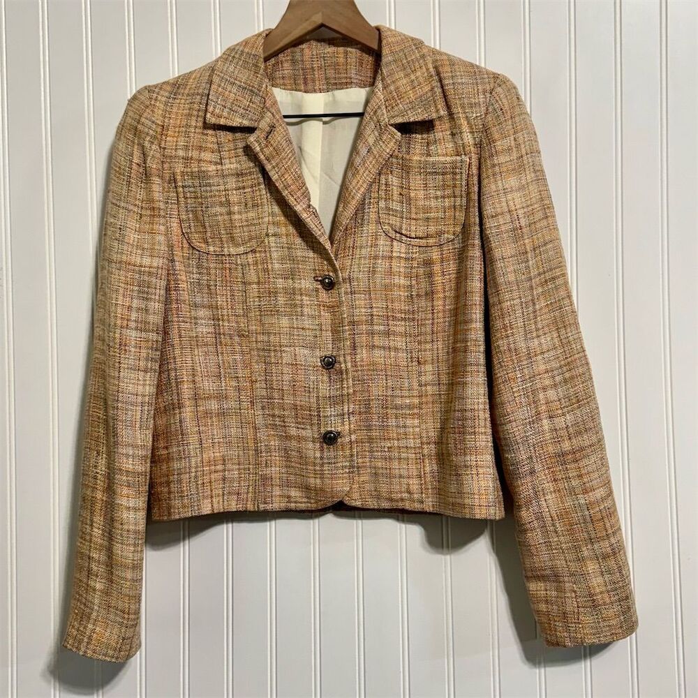 VTG Doncaster Tweed Blazer Jacket M Tan Earthy Textured Old Money Light Academia